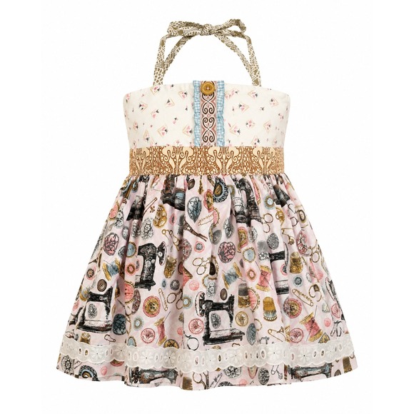 Matilda Jane Other - Matilda Jane Platinum Halter Sundress Sewing Print Eyelet Lace Dress Size 8 EUC